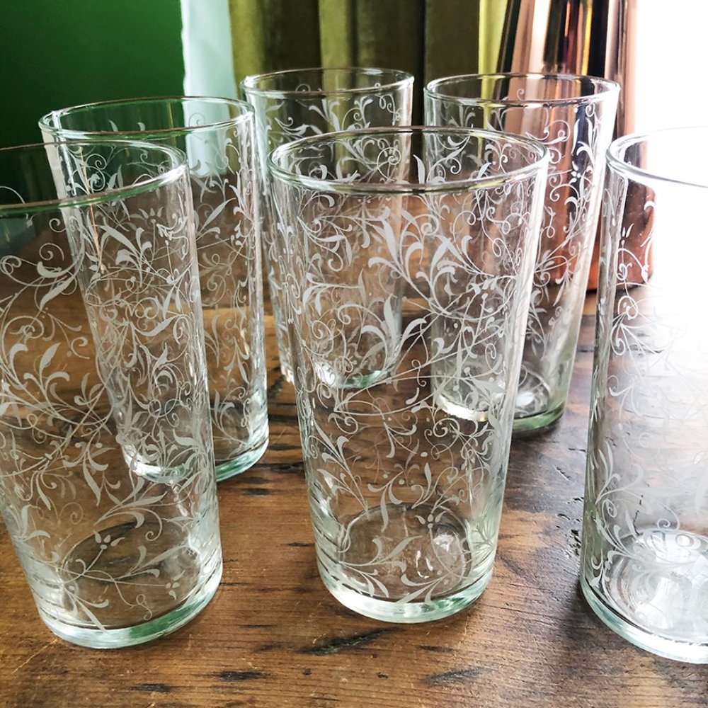 6 Etched Juice / Water Glasses